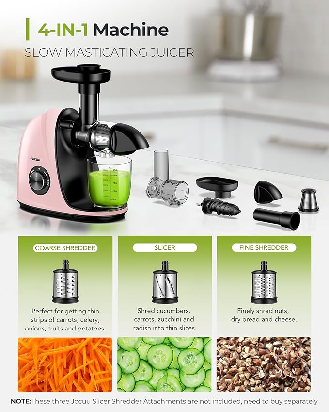 Jocuu Slow Masticating Juicer with 2-Speed Modes - Cold Press Juicer Machine - Quiet Motor & Reverse Function - Easy to Clean Juicer Extractor - Juice Recipes for Fruits & Vegetables (Light Pink)
