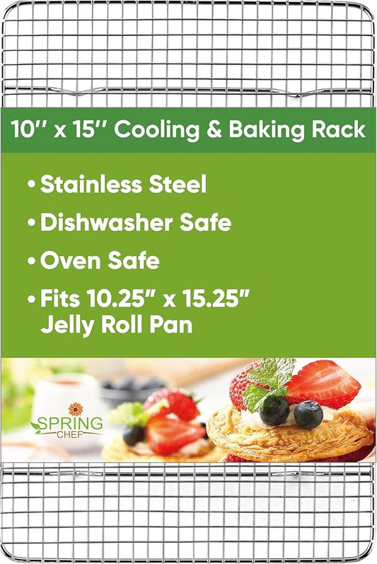 Spring Chef 10 x 15 Inch Stainless Steel Cooling Rack for Cooking & Baking - Heavy Duty Cookie Cooling Rack for Kitchen - Oven Safe - Fits Jelly Roll Pan - Dishwasher Safe