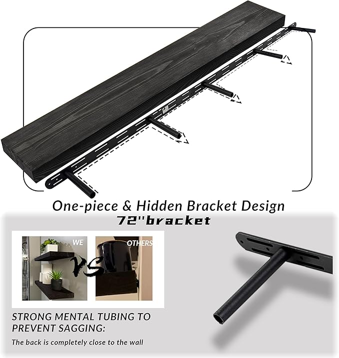 Rustic Floating Shelves 72 inch Long 8 "deep Set of 2, Heavy Duty Wood Wall Mounted Shelves for Bathroom Living Room Kitchen,Book Shelves with Thickened Hidden Bracket- Black