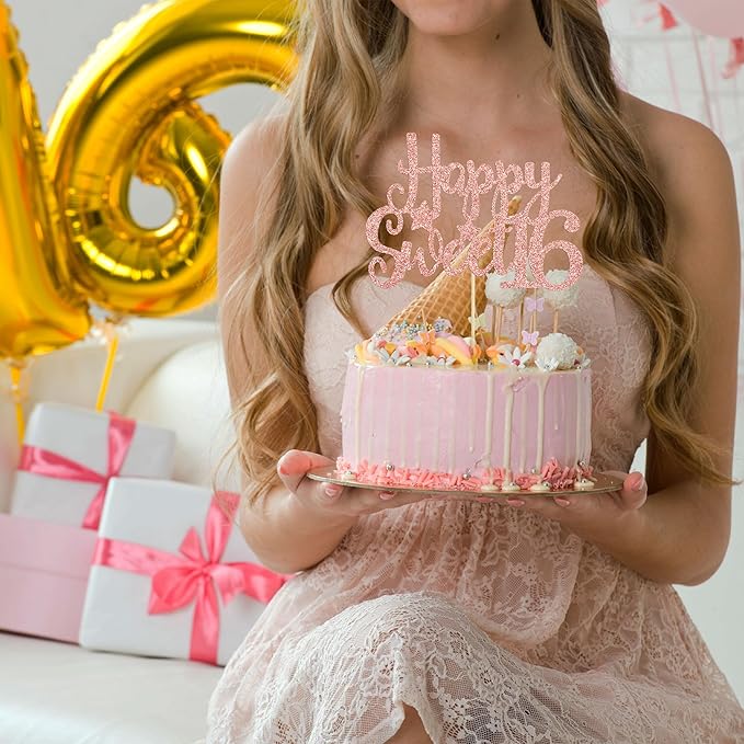 Gyufise 1Pc Happy Sweet 16 Cake Topper Rose Gold Glitter Sweet 16 Birthday Decorations Happy 16th Birthday Decorations for Girls Boys