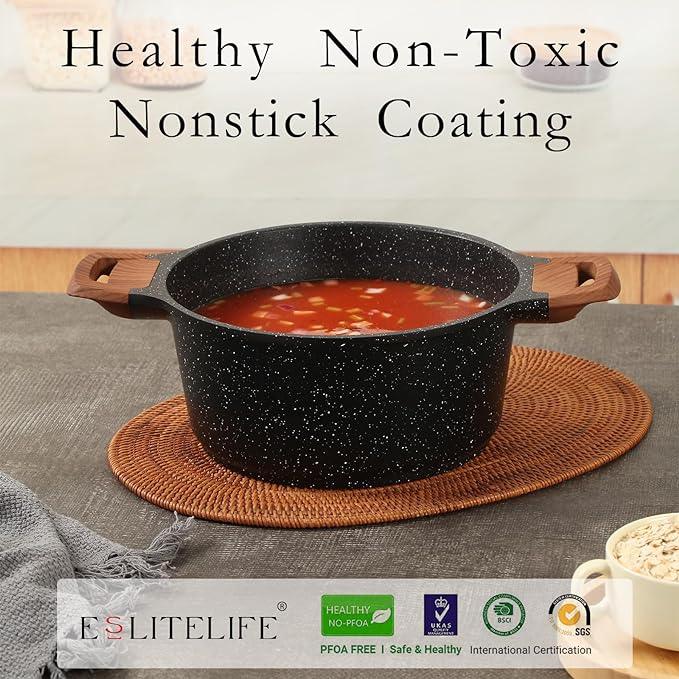 ESLITE LIFE Nonstick Stock Pot with Lid, 3 Quart Granite Casserole Small Soup Pot Pasta Cooking Pot, Induction Compatible, PTFE & PFOA Free, Black