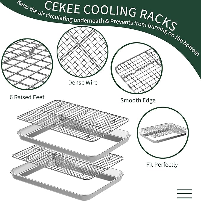 Jelly Roll Pan with Cooling Rack Set [2 Baking Pans + 2 Baking Racks], CEKEE Stainless Steel Baking Sheet Tray with Wire Rack Set, Commercial Quality, Rust Proof & Nonstick, Size 15.94 x 12 x 1 Inch
