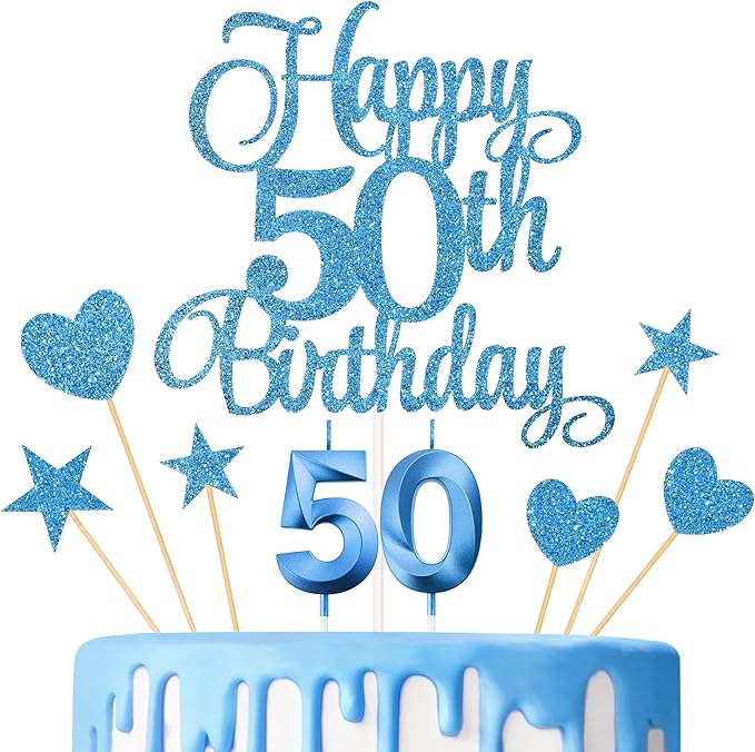 50th Birthday Cake Decorations, 50th Birthday Candles Cake Numeral Candles and Glitter Happy 50th Birthday Cake Toppers Set for Birthday Party Supplies (Blue)