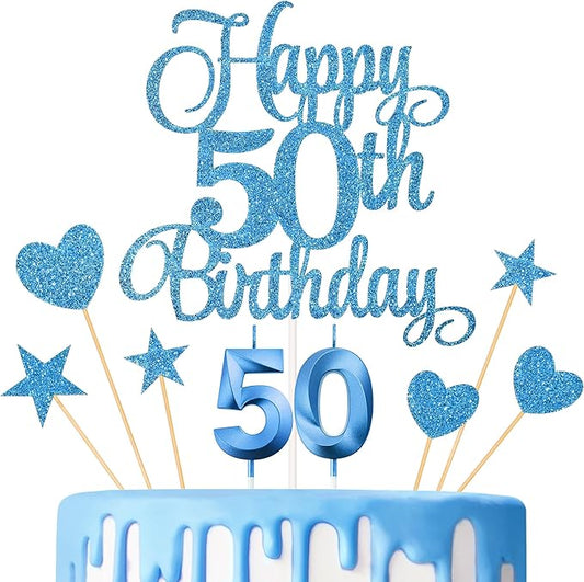 50th Birthday Cake Decorations, 50th Birthday Candles Cake Numeral Candles and Glitter Happy 50th Birthday Cake Toppers Set for Birthday Party Supplies (Blue)