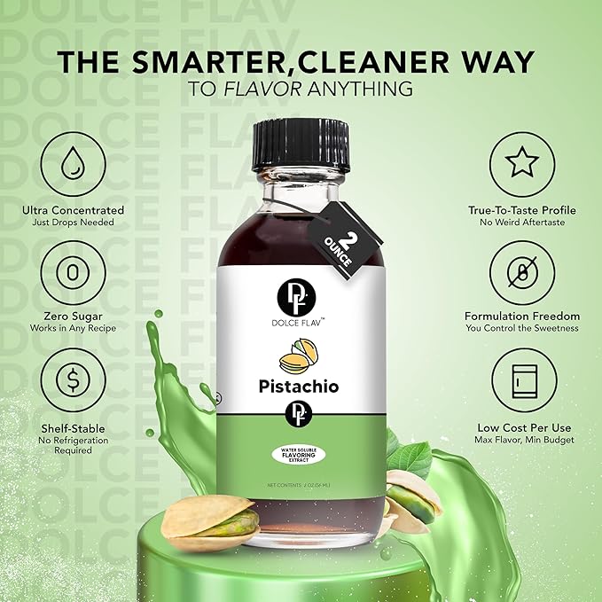 Dolce Flav Pistachio Extract – 2 Ounce Water-Soluble Kosher, Sugar-Free, Concentrated Nutty Pistachio Flavor for Baking, Ice Cream & Pastries, Includes Measured Dropper