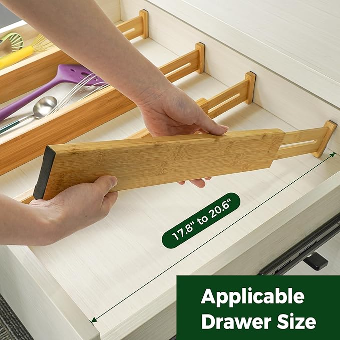Utoplike 4 pcs Bamboo Kitchen Drawer Dividers Large, Adjustable Drawer Organizers, Spring Loaded, Works in Kitchen, Dresser, Bathroom, Bedroom, Drawer, Desk