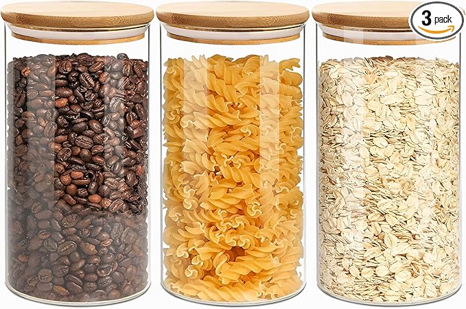 Round Glass Jars Canister with Wood Lid 40 FL OZ [Set of 3], Container Jar with Sealing, Lids for Oat Pasta Flour Cereal Rice Sugar Tea Coffee Beans, Best for Kitchen & Pantry
