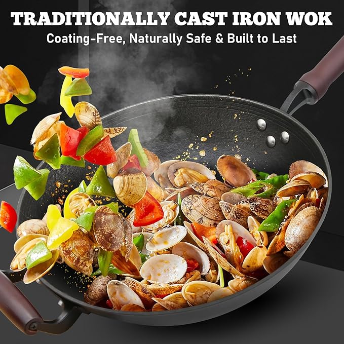 HONGJIANG Cast Iron Wok Pan, 13.4" Pre-Seasoned Flat Bottom Wok,Coating-Free Wok Stir Fry Pan With Glass Lid,Compatible Traditional Chinese Wok For Induction, Electric, Gas,Open Fire