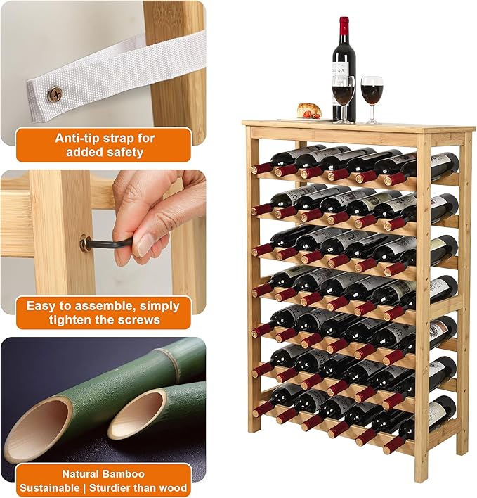 VASMIA 42 Bottles Bamboo Wine Rack,7-Tier Wine Rack Freestanding Floor with Table Top, Wine Storage Shelf for Kitchen Dining Room Bar,Natural