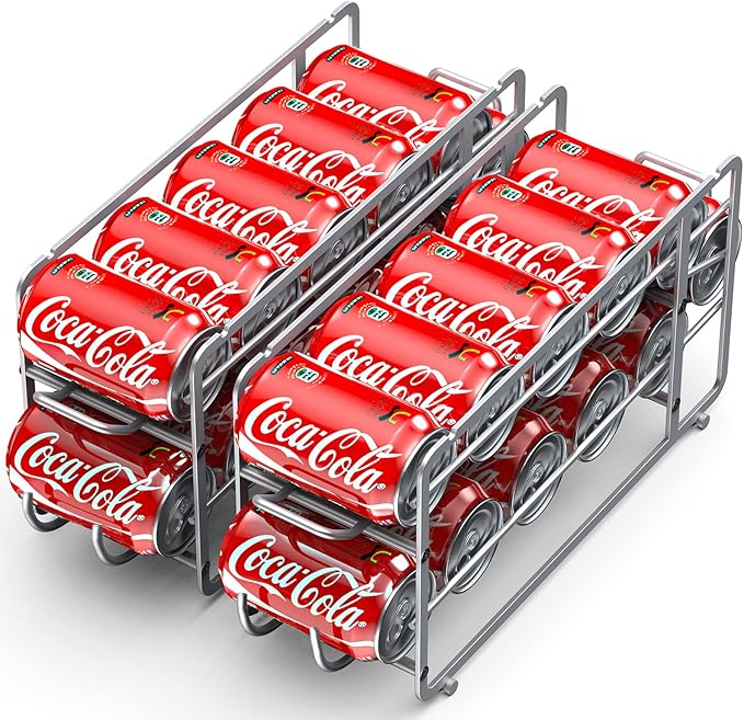 Soda Can Organizer Storage Rack, 2 Pack Stackable Beverage Soda Can Dispenser Organizer Holder for Refrigerator, Cabinet, Pantry (Silver)