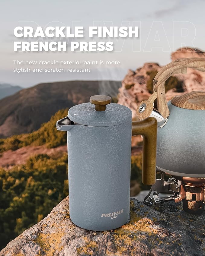 POLIVIAR French Press Coffee Maker, 34 Ounce Coffee Press with Real Wood Handle, Double Wall Insulation & Dual-Filter Screen, Food Grade Stainless Steel for Good Coffee and Tea JX2023-FPLU