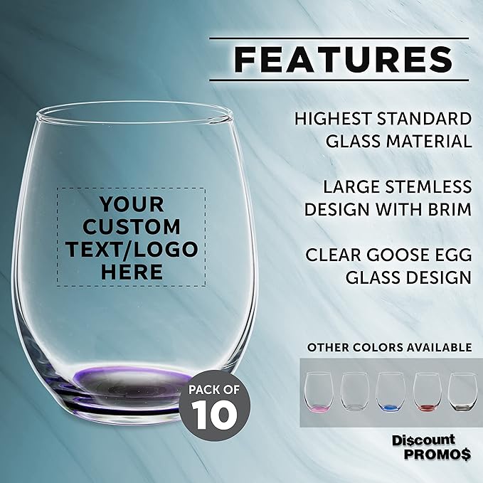 Custom Stemless Wine Glasses in Bulk by ARC Perfection, 15 oz, 10 pack, Personalized Text, Logo, Purple or White Wine Glass Set, Purple