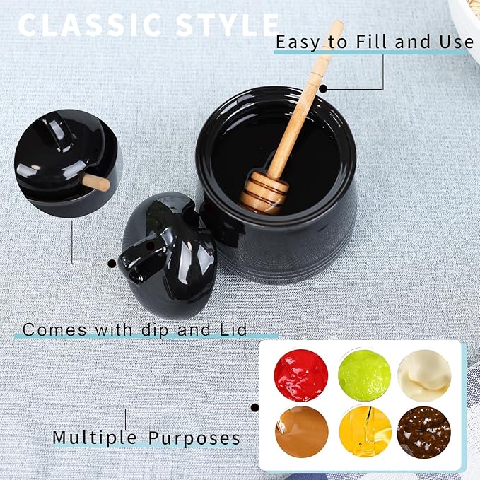 HAOTOP Ceramic Honey pot with Lid and Honey Dipper,Porcelain Honey Jar Easy to Clean and Dishwasher Safe,12oz (Black)