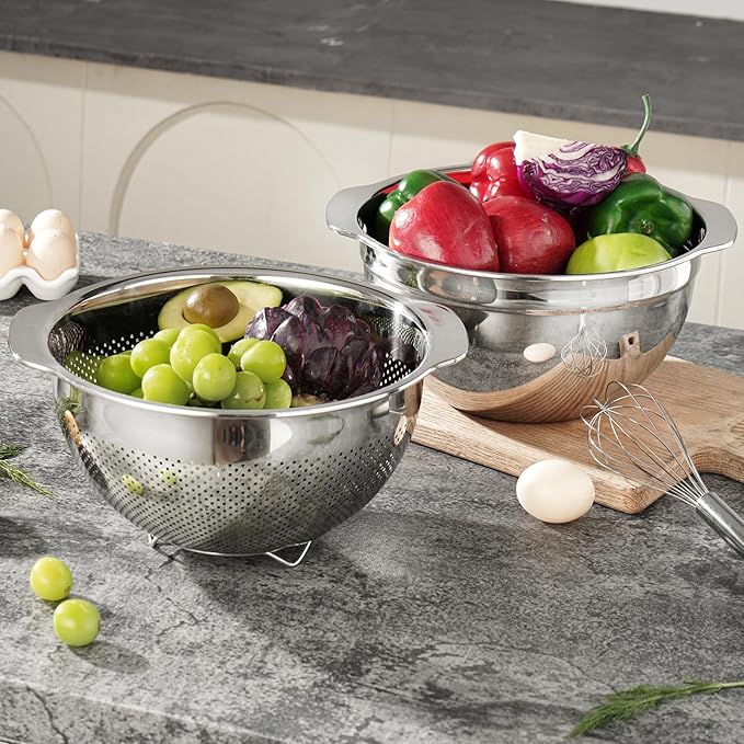 18/8 Stainless Steel Microwell Colander, 5QT Large Capacity with Handle Kitchen Food Strainer Basket for Washing Vegetables, Fruits, Rice, and Pasta (primary colour, 5QTColander+5QT Mixing bowl)