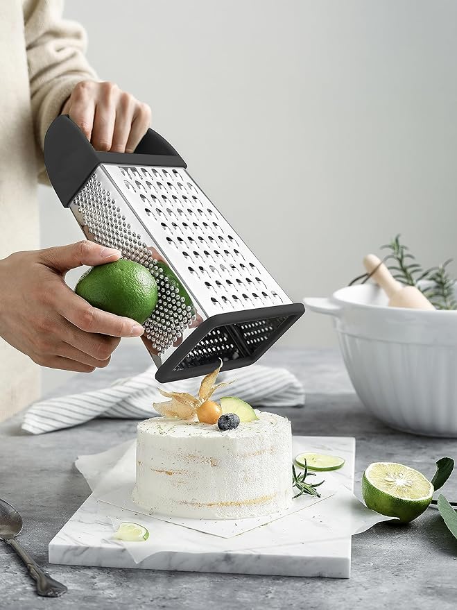Spring Chef Professional Gray 10" Stainless Steel Parmesan Cheese Grater with Handle, 4 Sided Handheld Box Grater, Kitchen Carrot Shredder for Potato, Cheese, Ginger, Vegetables, Hashbrown