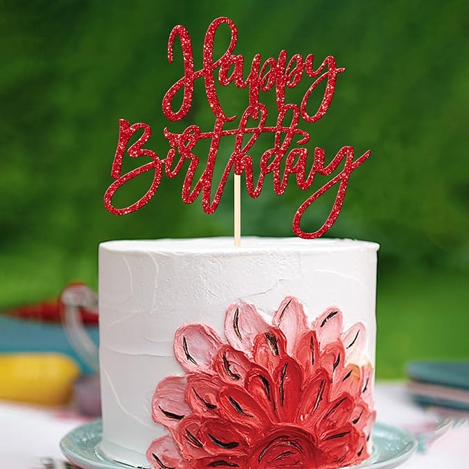 ZHUOWEISM 1 PCS Red Glitter Happy Birthday Cake Topper for Celebrating Birthday, Anniversary Parties