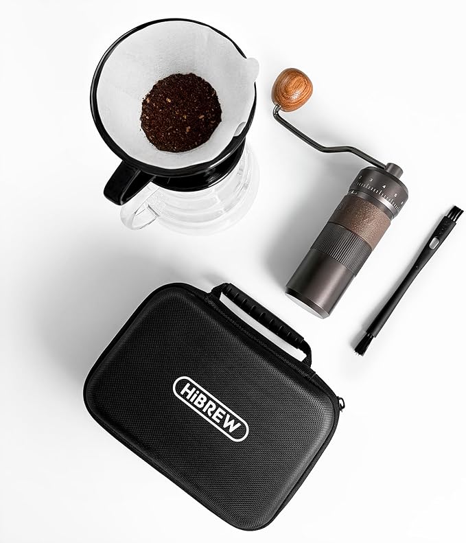 HiBREW G4B Manual Coffee Grinder with External Adjustable Dial - Aluminum Conical Burr Mill, Numerical Settings & Travel Case, Coarse to Fine Grind for Espresso Pour Over Moka Pots. 22g Capacity