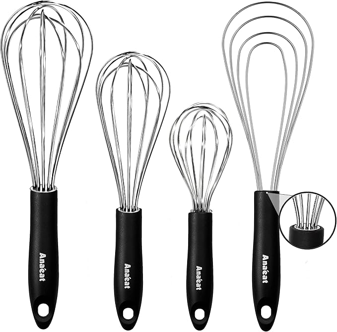 Anaeat Stainless Steel Kitchen Whisk Set of 4, Milk and Egg Beater Blender with Thick Wire for Whisking, Cooking, Baking, Beating and Stirring - 11'' Flat Whisk and 8.5''+10.5''+12'' Balloon Whisks
