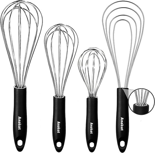 Anaeat Stainless Steel Kitchen Whisk Set of 4, Milk and Egg Beater Blender with Thick Wire for Whisking, Cooking, Baking, Beating and Stirring - 11'' Flat Whisk and 8.5''+10.5''+12'' Balloon Whisks