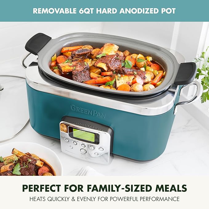 GreenPan Elite 8-in-1 Programmable 6QT Electric Slow Cooker, Dishwasher Safe Lid & Removable Crock, PFAS-Free Healthy Ceramic Nonstick Multi-Cooker, Sear, Sauté,Brown, Steam Basket, Roast, Deep Teal