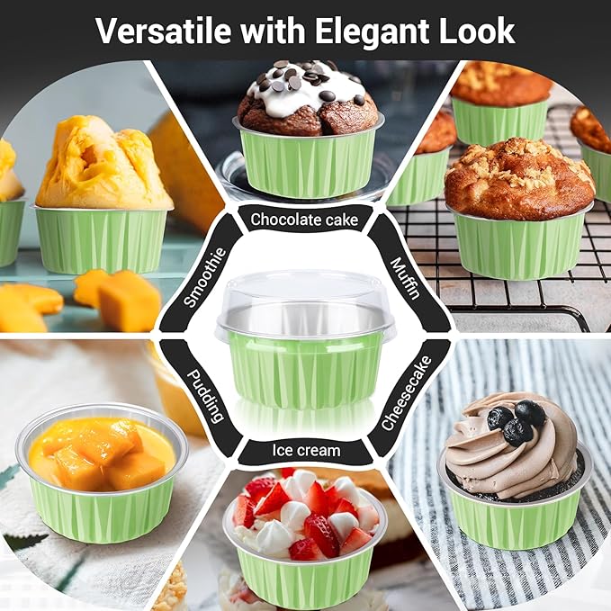 EUSOAR Baking Cups with Lids, 30pcs 5oz Disposable Aluminum Foil Muffin Liners Ramekins Cupcake Baking Cups, Disposable Foil Baking Cups Containers Mini Pie Pans for Creme Brulee or Cupcake-Green