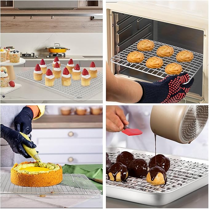 TeamFar Cooling Rack Set of 4, Stainless Steel Grid Cooking Roasting Racks for Various Size Baking Sheet Toaster Oven Pan, Healthy & Heavy Duty, Mirror Finish & Dishwasher Safe