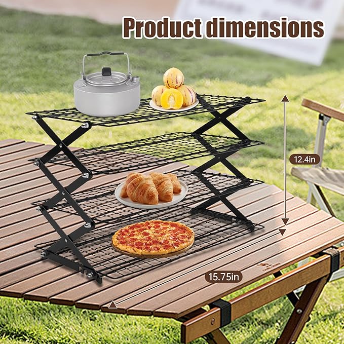 4-Tier Collapsible Cooling Rack – 16" x 10" Adjustable Stackable Non-Stick Wire Rack for Baking, Roasting, Cookies, Cakes, Drying, Picnic & BBQ, Each Tier Holds 22 Lbs