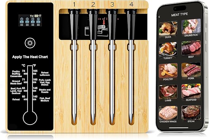 Smart Wireless Meat Thermometer 4 Probes, Bluetooth Food Thermometer, Remote Tracking and Real-Time Readings from Apps, for iOS and Android, for BBQ, Grill, Smoker