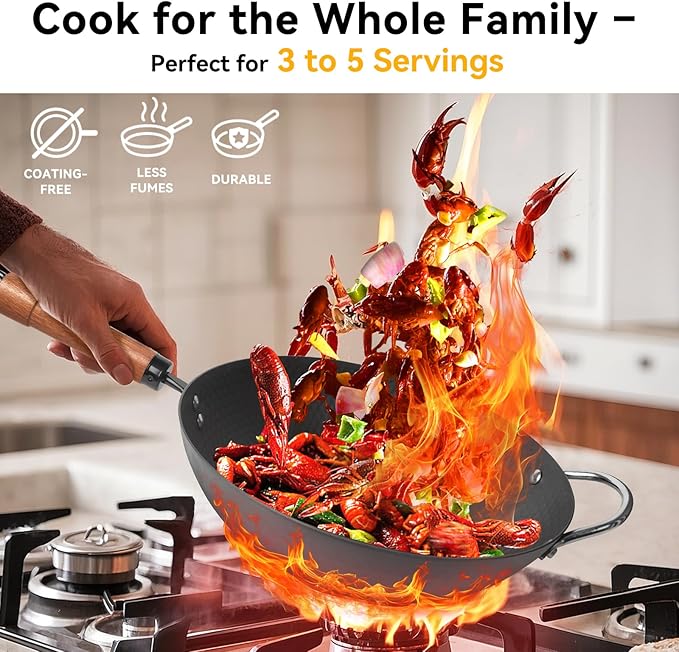 WANGYUANJI 12.6" Wok with Lid, Flat Bottom Nonstick Wok Pan for Induction Cooktop, Stir Fry Woks & Pans for Cooking