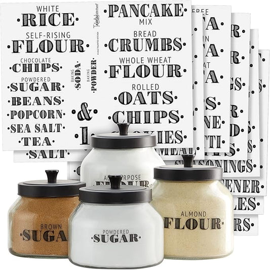 Talented Kitchen 154 Pantry Labels for Food Containers - Assorted Sizes & Black Bold Text on Clear Waterproof Vinyl - Preprinted Vintage Kitchen Labels & Farmhouse Style Pantry Organization