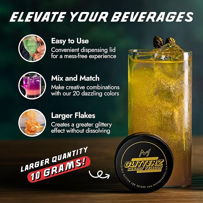 MONÉGASQUE Canary Yellow Edible Glitter for Drinks 10g – Yellow Edible Glitter for Cakes & Cocktails – Halloween Cocktail Drink Shimmer Flakes - Food Decorating & Cake Decorations Spray Dust