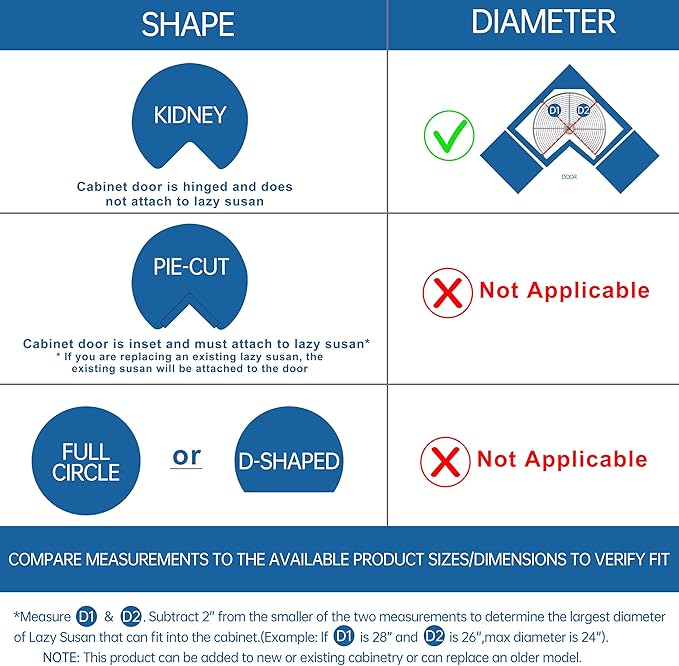 24" Kidney Corner Cabinet Lazy Susan - Turntable for Kitchen, Adjustable Height Replacement Shelves for Corner Cabinet, Chrome Silver (Cannot be Door-Mounted)