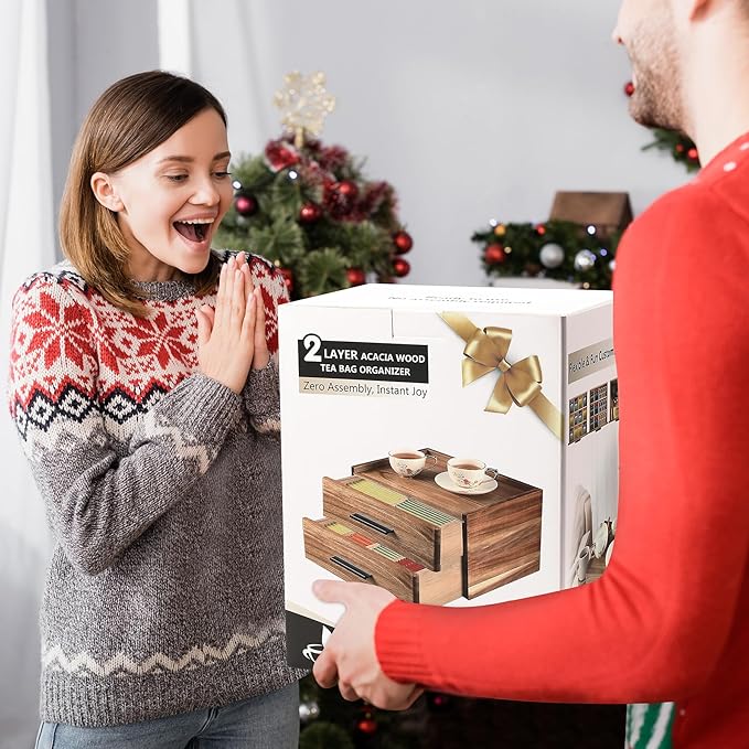 Double-Drawer Acacia Wood Tea Bag Organizer - Tea Box with Drawer, Tea Accessories for Tea Organizers and Storage Box, Tea Station Chest Caddy for Countertop Cabinet Office (16-Compartment, Gift Box)