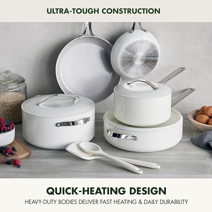 GreenPan Nova 10-Piece Cookware Pots & Pans Set, Oprah’s Favorite Things 2024, PFAS-Free Ceramic Nonstick, Fry, Sauté, Stockpot, Utensils, Lids, Induction Suitable, Dishwasher & Oven Safe, Cream White