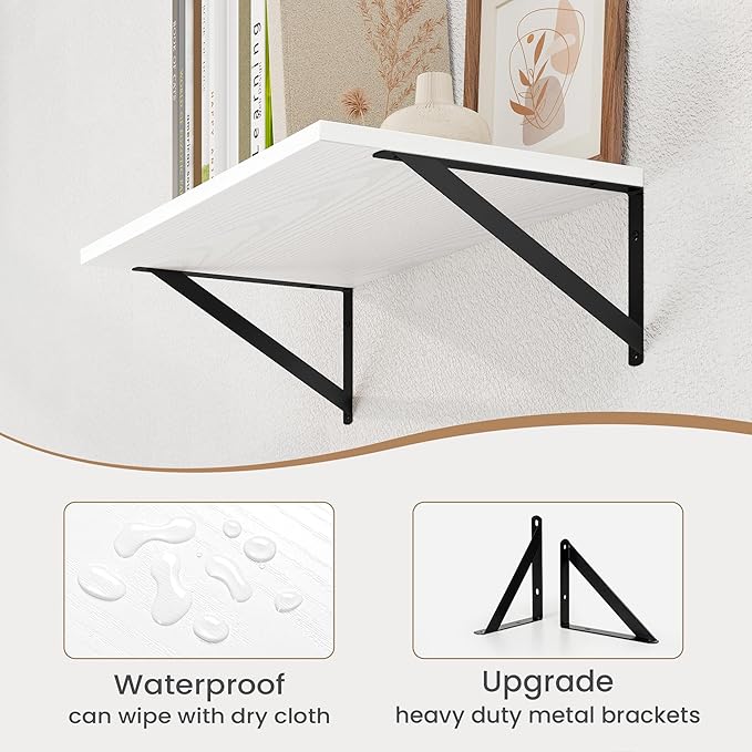 Heimlove White Deep Floating Shelves for Wall, 16W x 8D Wood Wall Shelves Set of 2, Wide Floating Bookshelf for Living Room, Kitchen, Office, Bedroom and Decor Storage, with Black Bracket - White