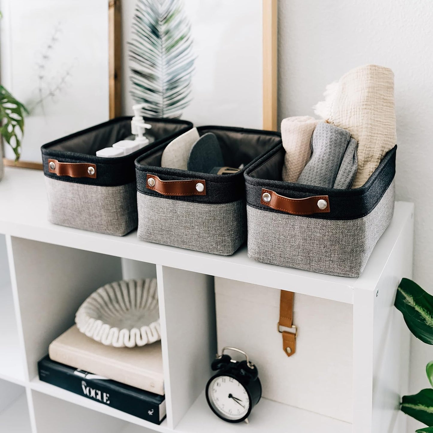 OrganiHaus Small Fabric Storage Baskets for Shelves 3 Pack, 12x8in Closet Storage Bins for Shelves, Cloth Baskets for Organizing, Linen Closet Organizers, Fabric Basket, Gray/Black