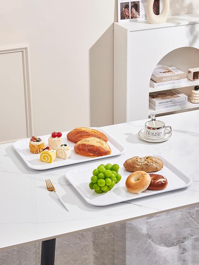 Blue Boat 17" x 12" Rectangular Serving Trays Set of 2 White, Melamine Serving Platter, Light Weight Easy to Clean Sturdy Stackable BPA-Free Dishwasher Safe