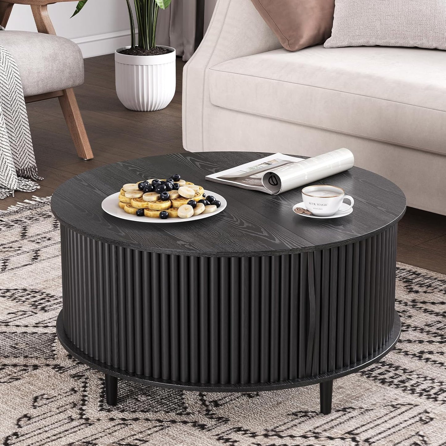 Round Coffee Table with Storage,31.5" Mid Century Modern Coffee Table with Hidden Compartment,Fluted Center Table for Living Room,Home Small Space,Black