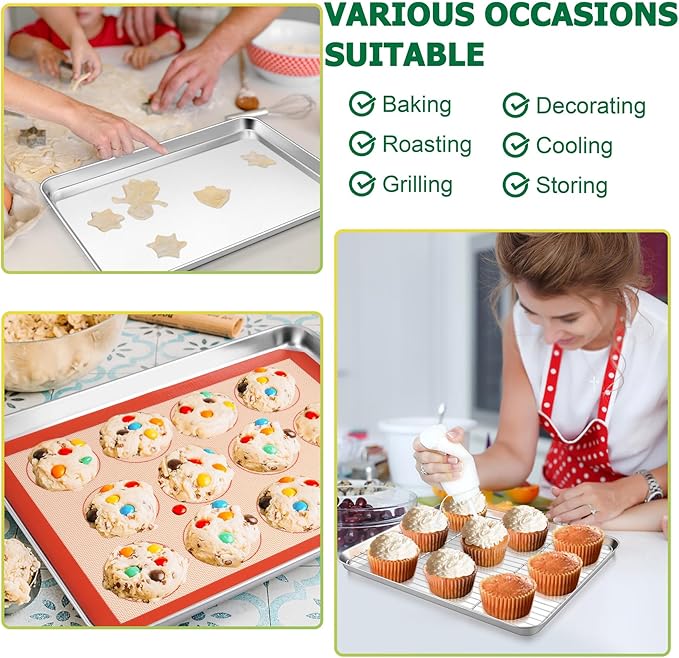 TeamFar Baking Sheet Set - Stainless Steel Baking Sheet Pan with Cooling Rack & Silicone Baking Mat, 10.5/12.5/16inch Cookies Sheets for Oven Baking (3 Sheets + 3 Racks + 3 Mats), Easy Clean