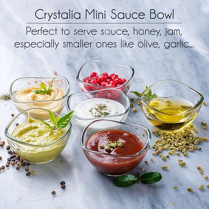Volarium Mini Glass Prep Bowls Set of 6, 2 1/4 oz Capacity, Modern Style, Round Glass Bowl Set, Condiment & Spice Bowls, Transparent, Dishwasher & Microwave Safe