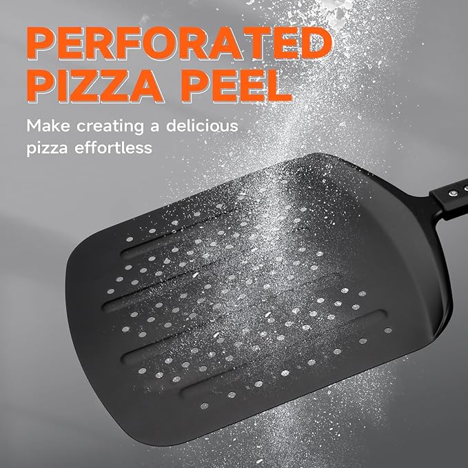 MANJIA Perforated Pizza Peel Aluminum 12 Inch Pizza Paddle Spatula Non-stick Metal Pizza Paddle with Rocker Cutter (12"x 14") Pizza Spatula Paddle Set for Family Homemade Baking Pizza Oven (black)