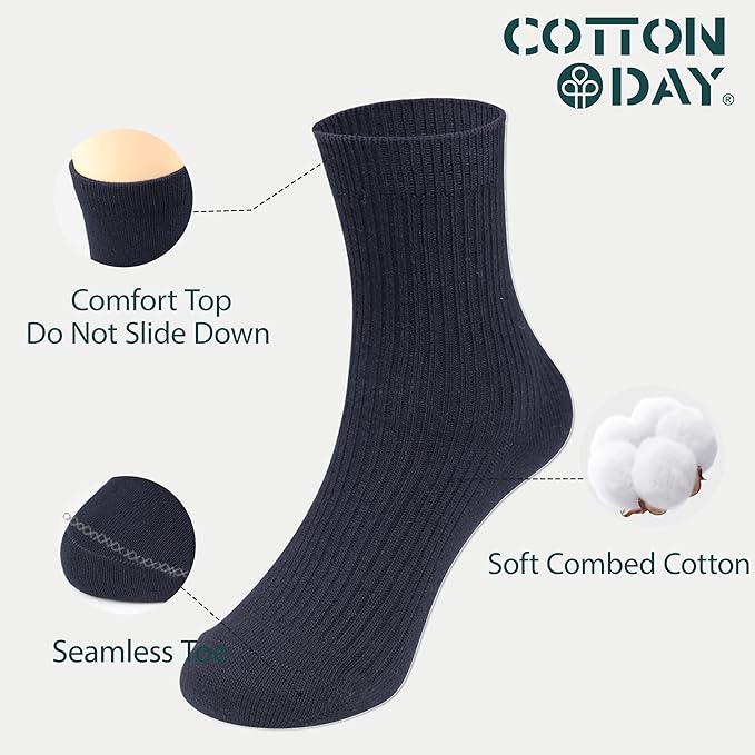 COTTON DAY Unisex Little Kids Youth Boys Girls Soft Cotton Crew Dress Socks Seamless Toe Black White Gray Navy 6 Pack