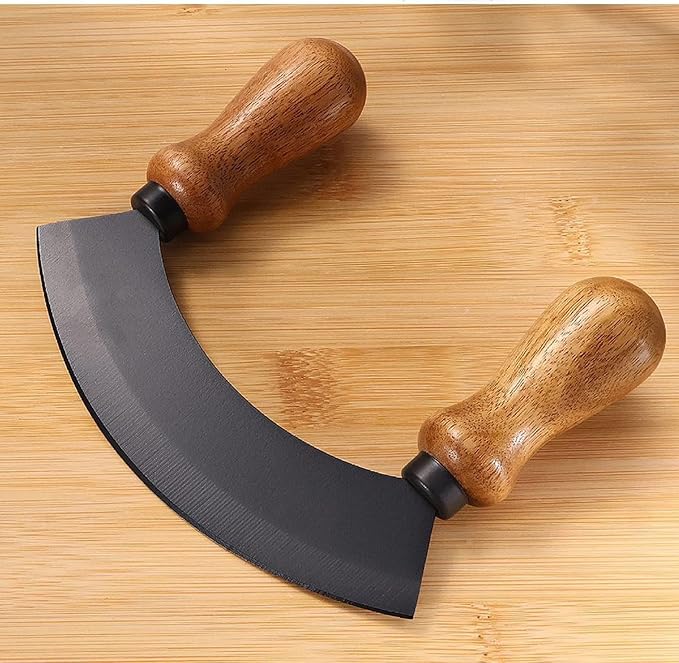 5.4 Inch Stainless Steel Mezzaluna Knife - Salad Chopper Rocker Pizza Cutter Rocker Knife Curved Blade Sharp Blade Double Acacia Wood Handle Fruit Vegetable Mincing (5.4 Inch Black)
