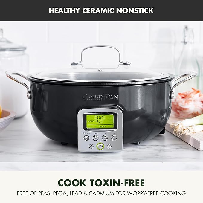 GreenPan Elite Essential Smart Electric 6QT Skillet Pot,Sear Saute Stir-Fry and Cook Rice, Healthy Ceramic Nonstick and Dishwasher Safe Parts, Easy-to-use LED Display, PFAS-Free, Black