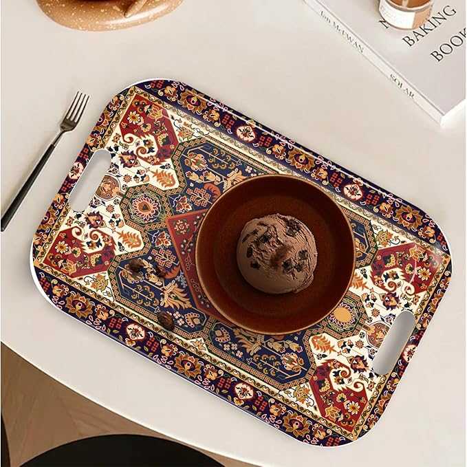 Serving Trays with Handles, 14.5 x 9.8 inch Rectangular Plastic Tray for Restaurant, Kitchen, Dark Red Pattern