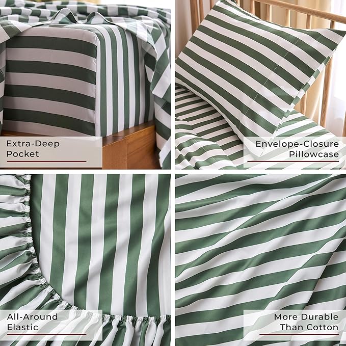 Mellanni Twin XL Sheets Set - 3 PC Iconic Collection Bedding - Hotel Luxury, Extra Soft, Cooling Bed Sheets - Wrinkle, Fade, Stain Resistant (Twin Extra Long, Oxford Stripe Sage)