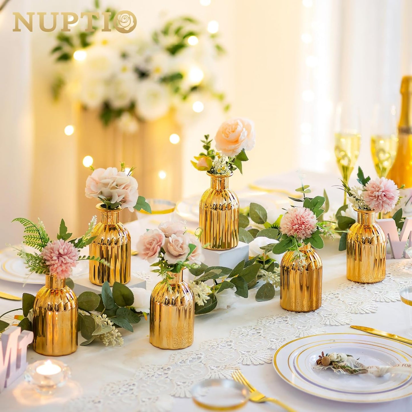 NUPTIO Bud Vases Glass Gold: 6 Pcs Small Vase Set in Bulk for Flowers - Mini Vintage Flower Bottle Single Assorted Vases for Wedding Table Centerpieces