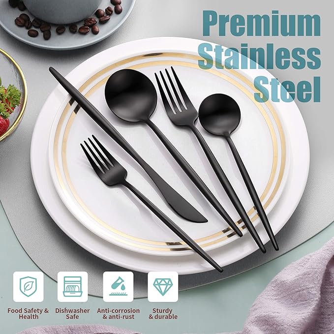 Matte Black Silverware Set for 8,Modern Stainless Steel Brushed Cutlery Set,40-Pieces Heavy Duty Flatware Set,Knives Spoons and Forks Set Utensils Set, Satin Finish, Dishwasher Safe