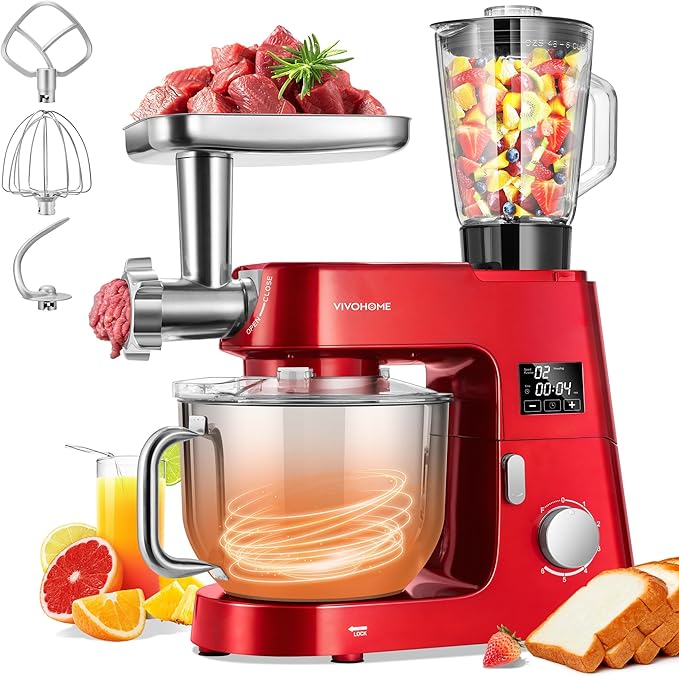 VIVOHOME 9 in 1 Multifunctional Stand Mixer with Fermentation, 6 Speed 7.5 Quart Kitchen Electric Food Mixer with Timer, Meat Grinder, Juice Blender, Vegetable Slicer, Pasta and Cookie Maker, Red