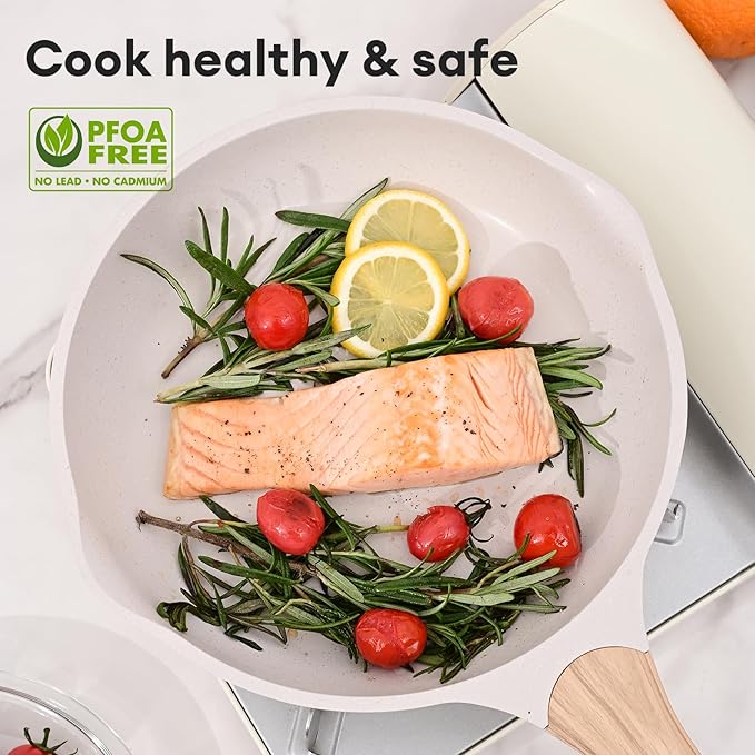 JEETEE 9.5 Inch Nonstick Frying Pan, Stone Coating Cookware, Nonstick Omelette Pan with Heat-Resistant Handle, Induction Skillet for Eggs(Beige)